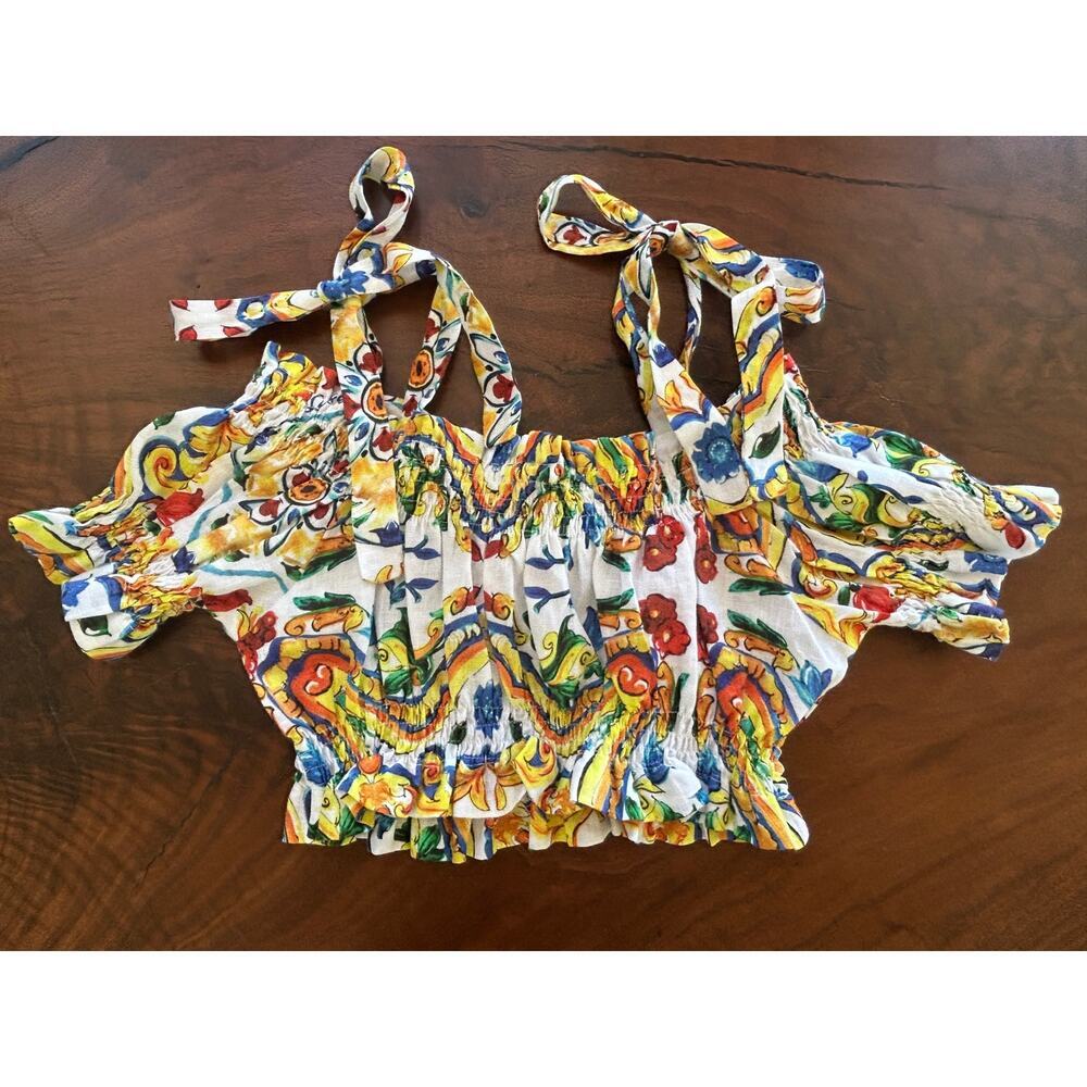NWT Luisa Positano Italian Linen Crop Top OS XS S M Amalfi Majolica Tile Smocked
